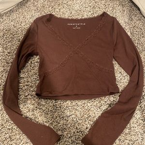 Aeropostale Brown Crop Top LongSleeve With Lace
